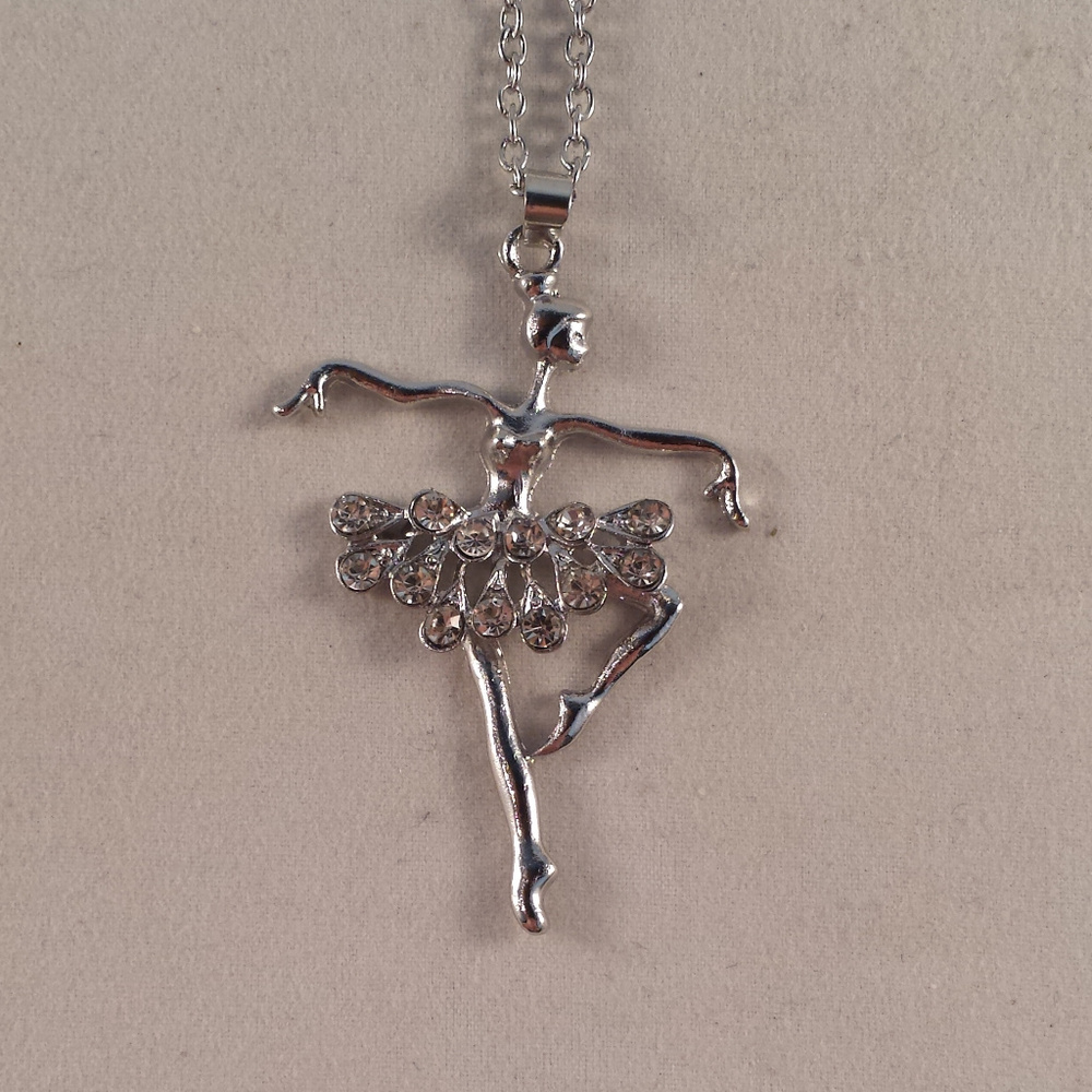 Silver Ballerina Dancer White Crystal Gemstone Pendant Necklace Gorgeous Gift